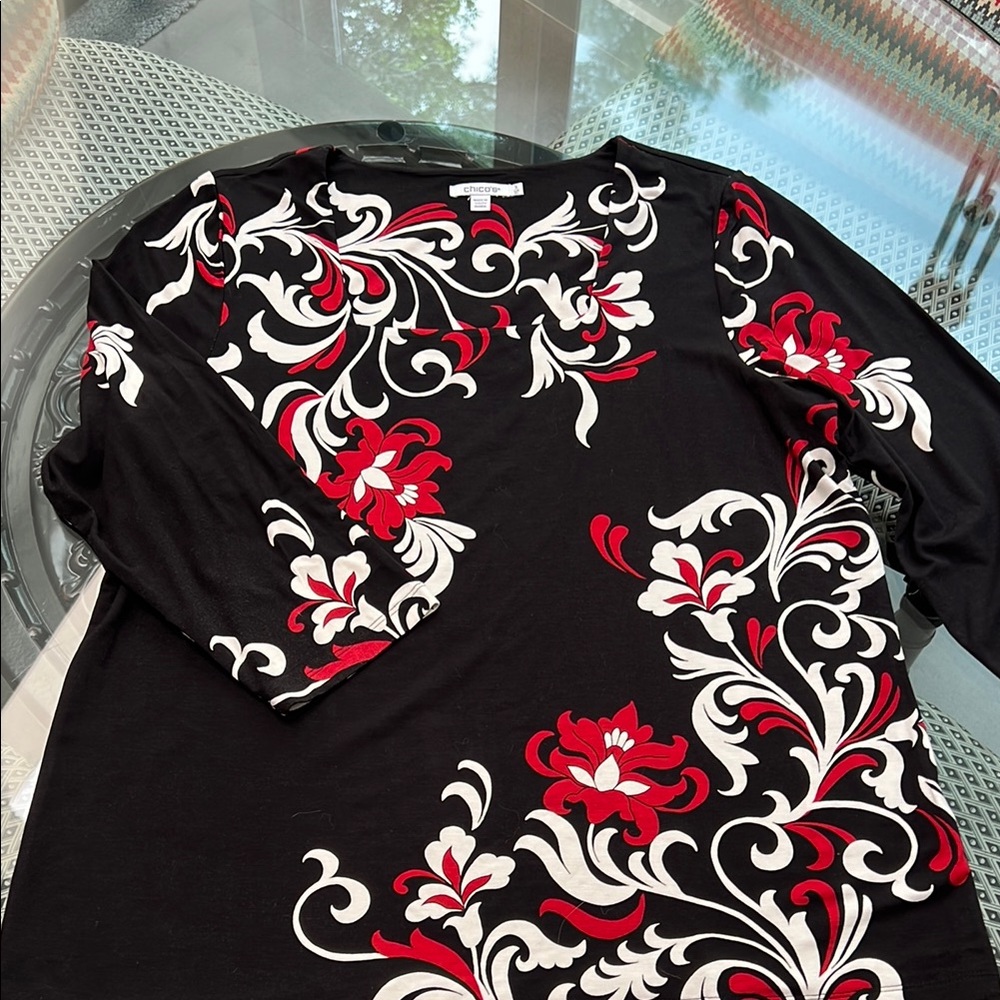 Chico's Floral Black and Red Long Sleeve Top